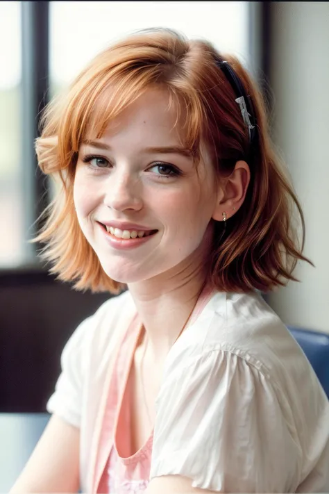 <lora:GoodHands-vanilla:1>,  a girl sitting at a table for the camera, (m0lly), makeup, (smile, happy), short ginger hair, (looking at viewer:1.4), (80s style), american high school, pink shirt, ultra high quality, dynamic lighting, cinematic, (hyperrealism:1.2), (8K UHD:1.2), (photorealistic:1.2), analog style, soft lighting, heavy shadow, masterpiece, 8k, golden ratio, Intricate, high detail, film photography, soft focus  <lora:add_detail:0.6>