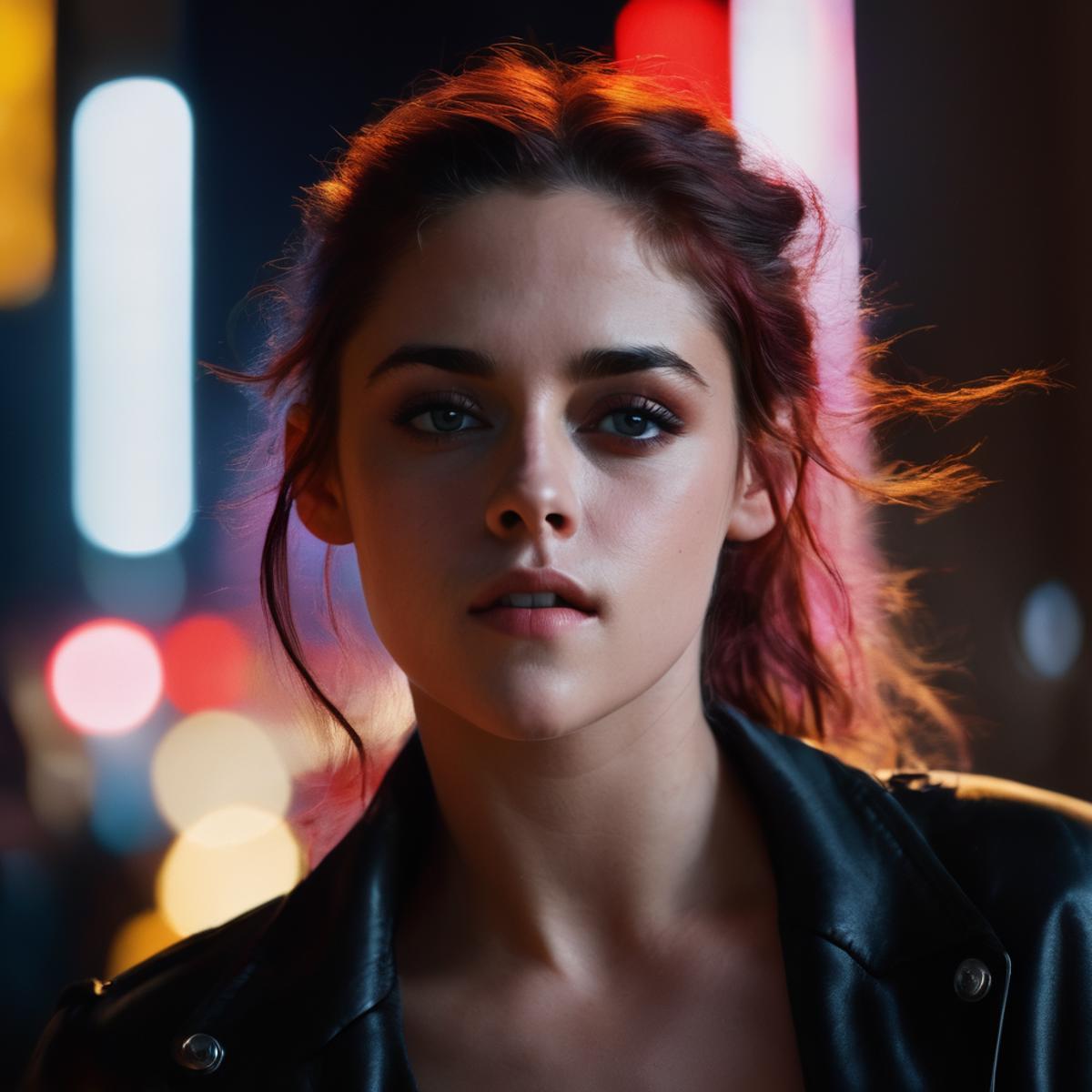 A woman with red hair and a black jacket standing in front of a neon ...