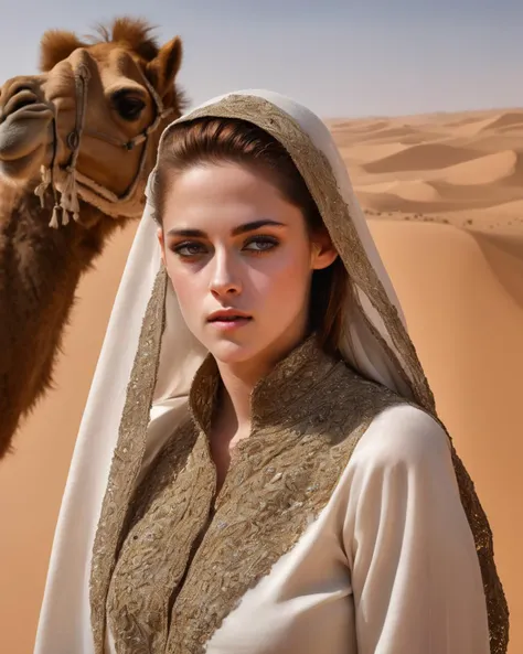kristen_stewart, <lora:KristenStewartXL:1>, Award Winning Photo of a slim fit woman in a white veil in the sahara,(sand storm), camels, oasis,, ((sharp face, detailed face, realistic face, naturtal skin, realistic skin, detailed skin, pores, detailed eyes,realistic eyes)),, (masterpiece, best quality, ultra-detailed, best shadow), high contrast, (best illumination), ((cinematic light)), colorful, hyper detail, dramatic light, intricate details, (1 girl, solo) , ultra detailed artistic photography, dreamy, backlit, shadows, ultra high definition, 8k, ultra sharp focus, ultra high quality model, soft lighting, film photography, analogue photography, hyperrealism,