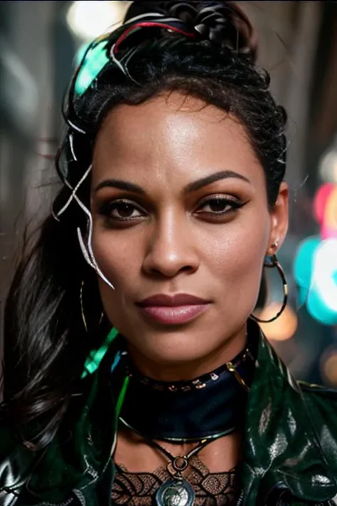 detailed film still of portrait neon operator rosariodawson in the blade runner, messy ponytail, cyberpunk futuristic, neon, reflective puffy coat, decorated with traditional japanese by smail inceoglu dragan bibin hans thoma greg rutkowski alexandros pyromallis nekro, illustrated, perfect face, fine details, realistic shaded, fine - face, pretty face, <lora:rosariodawson:1.0>
