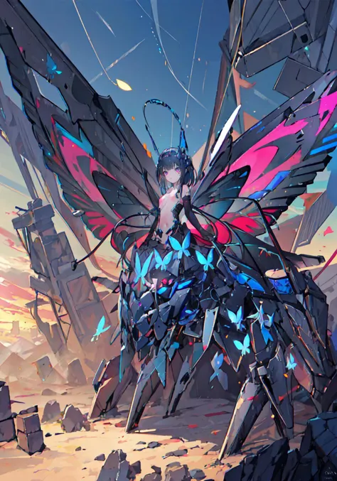 masterpiece, best quality, ultra-detailed, 1girl, headgear, topless, black gloves, elbow gloves, (butterfly wings), flying, mecha, (fusion mecha), mecha musume, (wire), tube, pipe, mechanical parts, ruins, <lora:Character-Kuroyukihime:0.8>, <lora:fusion_mecha_lora01:1>,