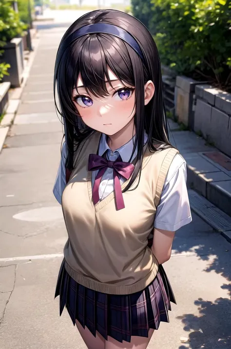 (masterpiece, best quality, detailed), 1girl, solo, looking at viewer, <lora:Akemi:0.8>, AkemiAi, purple eyes, black hair, ribbon, hairband, black hairband, neck ribbon, small breasts, long hair, breasts, bangs, school uniform, short sleeves, outdoors, arms behind back, pleated skirt, white shirt, collared shirt, plaid skirt, plaid, school bag, from above, sweater vest, (shrine:0.75), (east asian architecture:0.8), stone floor, closed mouth