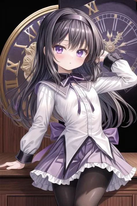 masterpiece,ultra-detailed,best quality,girl,comic style(chibi,petite),clock,monochrome background,pistol,handgun,purple eyes,close up,table,black hair, ribbon, black hairband, neck ribbon, small breasts,long hair, blush, bangs,short over long sleeves,white shirt,pleated skirt, frills, black pantyhose, frilled miniskirt, purple skirt, shiny,purple ribbon,magical girl, akemi homura<lora:add_detail:1> <lora:Akemi:0.6>