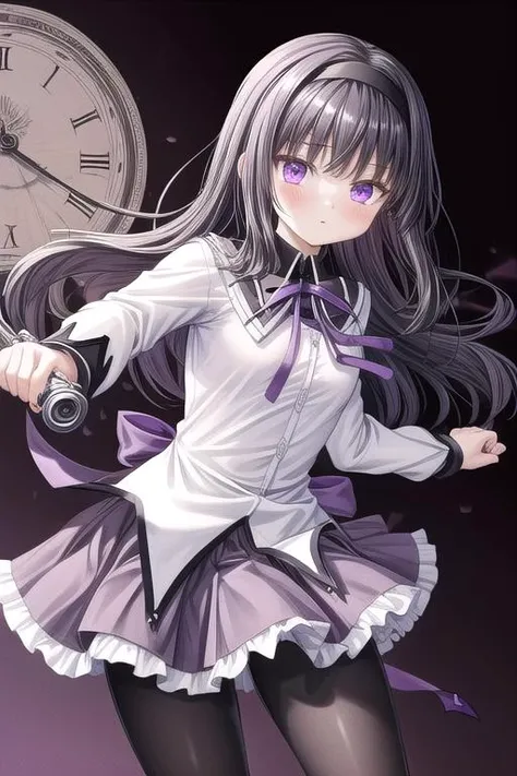 masterpiece,ultra-detailed,best quality,girl,comic style,petite,clock,gear,monochrome background,pistol,handgun,aiming,purple eyes,close up,table,black hair, ribbon, black hairband, neck ribbon, small breasts,long hair, blush, bangs,short over long sleeves,white shirt,pleated skirt, frills, black pantyhose, frilled miniskirt, purple skirt, shiny,purple ribbon,magical girl, akemi homura<lora:add_detail:1> <lora:Akemi:0.6>