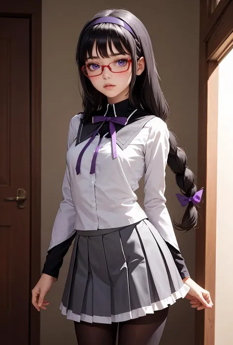 (masterpiece, best quality), 1girl,  <lora:Akemi:0.8> AkemiAi, glasses, red glasses, red-framed eyewear, braid, twin braids, purple eyes, black hair, ribbon, hairband, black hairband, neck ribbon, small breasts, closed mouth, long hair, breasts, blush, bangs, skirt, shirt, long sleeves, short over long sleeves, standing, white shirt, pantyhose, pleated skirt, frills, black pantyhose, frilled skirt, grey skirt, purple skirt, shiny, miniskirt, purple ribbon, argyle, argyle legwear, magical girl, akemi homura