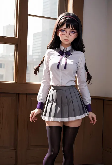 (masterpiece, best quality), 1girl, <lora:Akemi:0.8> AkemiAi, glasses, red glasses, red-framed eyewear, braid, twin braids, purple eyes, black hair, ribbon, hairband, black hairband, neck ribbon, small breasts, closed mouth, long hair, breasts, blush, bangs, skirt, shirt, long sleeves, short over long sleeves, standing, white shirt, pantyhose, pleated skirt, frills, black pantyhose, frilled skirt, grey skirt, purple skirt, shiny, miniskirt, purple ribbon, argyle, argyle legwear, magical girl, akemi homura