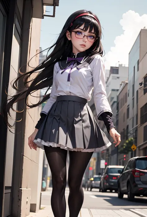 (masterpiece, best quality), 1girl, <lora:Akemi:0.8> AkemiAi, glasses, red glasses, red-framed eyewear, braid, twin braids, purple eyes, black hair, ribbon, hairband, black hairband, neck ribbon, small breasts, closed mouth, long hair, breasts, blush, bangs, skirt, shirt, long sleeves, short over long sleeves, standing, white shirt, pantyhose, pleated skirt, frills, black pantyhose, frilled skirt, grey skirt, purple skirt, shiny, miniskirt, purple ribbon, argyle, argyle legwear, magical girl, akemi homura