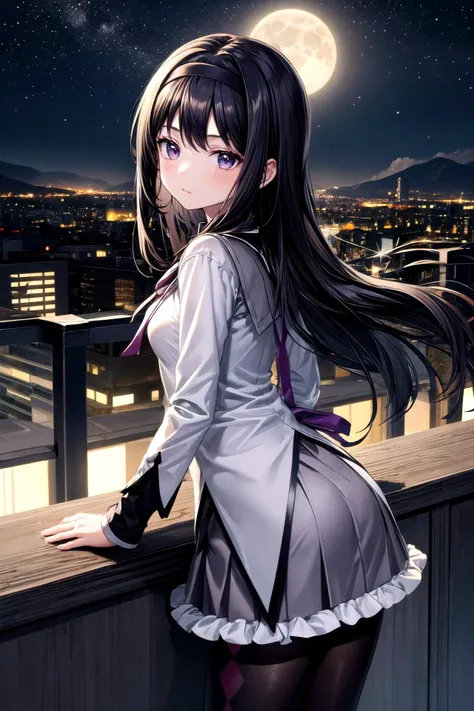 masterpiece, ultra high quality cg, anime, best quality, perfect image, solo, short dress, night, city, smiling, rio, large breasts, underwear, white panties, looking back, ass