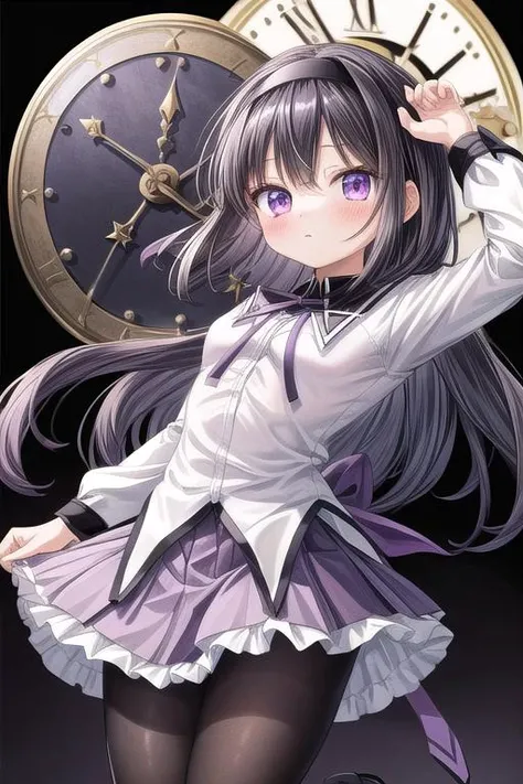 masterpiece,ultra-detailed,best quality,girl,comic style(chibi,petite),clock,monochrome background,pistol,purple eyes,close up,table,black hair, ribbon, black hairband, neck ribbon, small breasts,long hair, blush, bangs,short over long sleeves,white shirt,pleated skirt, frills, black pantyhose, frilled miniskirt, purple skirt, shiny,purple ribbon,magical girl, akemi homura<lora:add_detail:1>  <lora:Akemi:0.6>