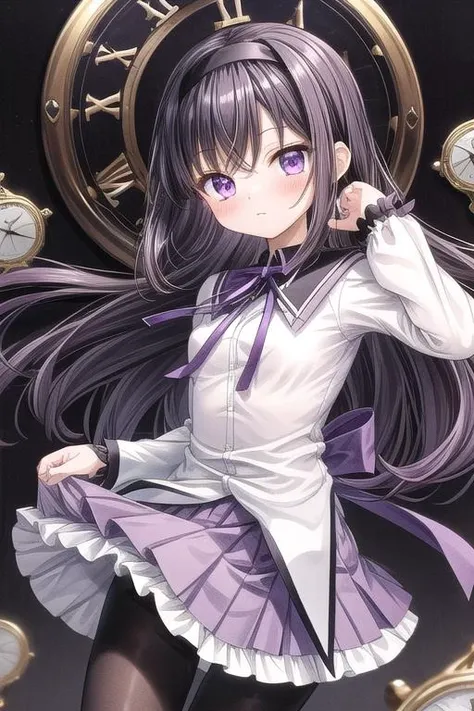 masterpiece,ultra-detailed,best quality,girl,comic style(chibi,petite),clock,monochrome background,pistol,handgun,purple eyes,close up,table,black hair, ribbon, black hairband, neck ribbon, small breasts,long hair, blush, bangs,short over long sleeves,white shirt,pleated skirt, frills, black pantyhose, frilled miniskirt, purple skirt, shiny,purple ribbon,magical girl, akemi homura<lora:add_detail:1> <lora:Akemi:0.6>