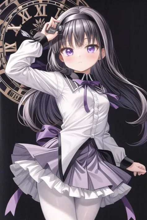 masterpiece,ultra-detailed,best quality,girl,comic style(chibi,petite),clock,monochrome background,pistol,handgun,purple eyes,close up,table,black hair, ribbon, black hairband, neck ribbon, small breasts,long hair, blush, bangs,short over long sleeves,white shirt,pleated skirt, frills, black pantyhose, frilled miniskirt, purple skirt, shiny,purple ribbon,magical girl, akemi homura<lora:add_detail:1>  <lora:Akemi:0.6>