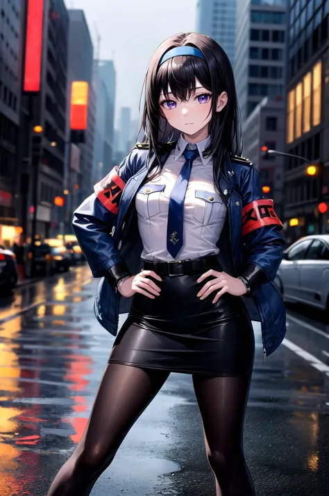 (masterpiece, best quality, detailed), 1girl, solo, looking at viewer, <lora:Akemi:0.8>, AkemiAi, purple eyes, black hair, ribbon, hairband, black hairband, neck ribbon, small breasts, long hair, breasts, bangs, policewoman, police uniform, collared shirt, white shirt, armband, outdoors, city, cyberpunk, (rain), contrapposto, legs apart, necktie, pencil skirt, belt, belt pouch, jacket, blue jacket, night, city lights, neon lights, pantyhose, street, car, people, hand on own hip, arm at side, closed mouth