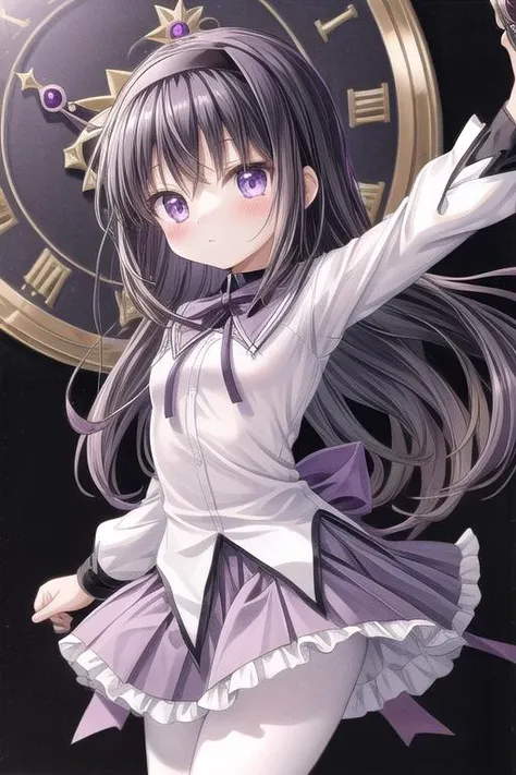 masterpiece,ultra-detailed,best quality,girl,comic style(chibi,petite),clock,monochrome background,pistol,purple eyes,close up,table,black hair, ribbon, black hairband, neck ribbon, small breasts,long hair, blush, bangs,short over long sleeves,white shirt,pleated skirt, frills, black pantyhose, frilled miniskirt, purple skirt, shiny,purple ribbon,magical girl, akemi homura<lora:add_detail:1>  <lora:Akemi:0.6>