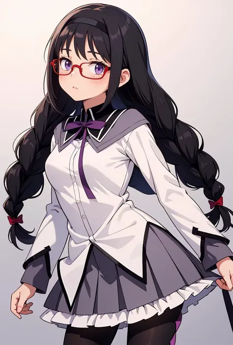 (masterpiece, best quality), 1girl, <lora:Akemi:0.8> AkemiAi, glasses, red glasses, red-framed eyewear, braid, twin braids, purple eyes, black hair, ribbon, hairband, black hairband, neck ribbon, small breasts, closed mouth, long hair, breasts, blush, bangs, skirt, shirt, long sleeves, short over long sleeves, standing, white shirt, pantyhose, pleated skirt, frills, black pantyhose, frilled skirt, grey skirt, purple skirt, shiny, miniskirt, purple ribbon, argyle, argyle legwear, magical girl, akemi homura