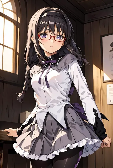 (masterpiece, best quality), 1girl, <lora:Akemi:0.8> AkemiAi, glasses, red glasses, red-framed eyewear, braid, twin braids, purple eyes, black hair, ribbon, hairband, black hairband, neck ribbon, small breasts, closed mouth, long hair, breasts, blush, bangs, skirt, shirt, long sleeves, short over long sleeves, standing, white shirt, pantyhose, pleated skirt, frills, black pantyhose, frilled skirt, grey skirt, purple skirt, shiny, miniskirt, purple ribbon, argyle, argyle legwear, magical girl, akemi homura