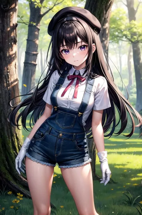 (masterpiece, best quality, detailed), 1girl, solo, looking at viewer, <lora:Akemi:0.8>, AkemiAi, purple eyes, black hair, ribbon, hairband, black hairband, neck ribbon, small breasts, long hair, breasts, bangs, overalls, overall shorts, short sleeves, outdoors, forest, nature, tree, contrapposto, legs apart, white gloves, cabbie hat, grass, flower, closed mouth