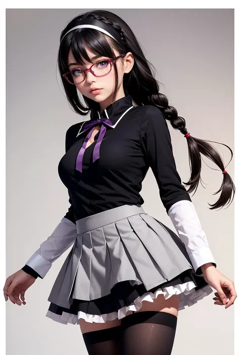 (masterpiece, best quality), 1girl, <lora:Akemi:0.8> AkemiAi, glasses, red glasses, red-framed eyewear, braid, twin braids, purple eyes, black hair, ribbon, hairband, black hairband, neck ribbon, small breasts, closed mouth, long hair, breasts, blush, bangs, skirt, shirt, long sleeves, short over long sleeves, standing, white shirt, pantyhose, pleated skirt, frills, black pantyhose, frilled skirt, grey skirt, purple skirt, shiny, miniskirt, purple ribbon, argyle, argyle legwear, magical girl, akemi homura