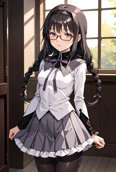 (masterpiece, best quality), 1girl, <lora:Akemi:0.8> AkemiAi, glasses, red glasses, red-framed eyewear, braid, twin braids, purple eyes, black hair, ribbon, hairband, black hairband, neck ribbon, small breasts, closed mouth, long hair, breasts, blush, bangs, skirt, shirt, long sleeves, short over long sleeves, standing, white shirt, pantyhose, pleated skirt, frills, black pantyhose, frilled skirt, grey skirt, purple skirt, shiny, miniskirt, purple ribbon, argyle, argyle legwear, magical girl, akemi homura