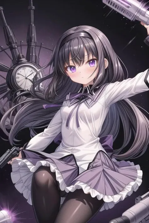 masterpiece,ultra-detailed,best quality,girl,comic style,petite,clock,iron gear,monochrome background,hold gun,missile,aiming viewer,purple eyes,close up,table,black hair, ribbon, black hairband, neck ribbon, small breasts,long hair, blush, bangs,short over long sleeves,white shirt,pleated skirt, frills, black pantyhose, frilled miniskirt, purple skirt, shiny,purple ribbon,magical girl, akemi homura<lora:add_detail:1> <lora:Akemi:0.6>