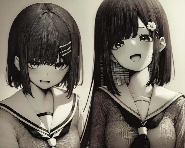 <lyco:epeulu-NAI-LyCORIS:0.9>, greyscale, monochrome,
2girls, smiling, black hair, hair ornament, short hair, flower, very long grey hair, hair ornament, closed eyes, school uniform, tress ribbon, hairclip, sailor collar, hair ribbon, blush, ribbon, serafuku, sailor collar, :o, collarbone, bangs, looking at viewer