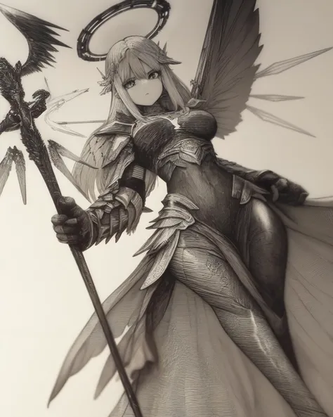 <lyco:epeulu-NAI-LyCORIS:0.9>, greyscale, monochrome,
a winged valkyrie holding a spear, halo