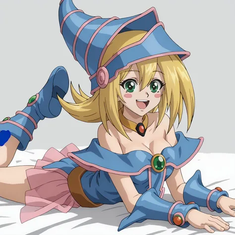 <lora:DarkMagicianGirlXLpony001>,
smile,open mouth,
solo,
DarkMagicianGirl,1girl,blonde hair,blush stickers,green eyes,
wizard hat,
choker,
bare shoulders,cleavage,capelet,blue dress,see-through,
pink skirt,
blue footwear,boots,
on stomach,the_pose,