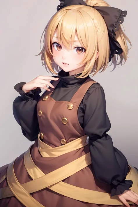 masterpiece, best quality, <lora:KurodaniYamame:1>,1girl,kurodani yamame, blonde hair,short hair, dress, ribbon,hair bow,brown eyes,ponytail, grey background,