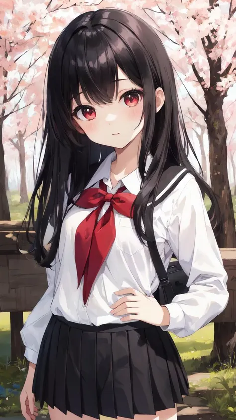 ,(masterpiece),(highres),(high quality),(beautiful illustration),
,(cute girl:1.2),(solo),(skinny),(petite),
,(black hair:1.3),(red eyes),(long hair:1.2),
,(school uniform),(white shirt),(black skirt),
,(forest),(tree),(sakura),
,(looking at viewer),