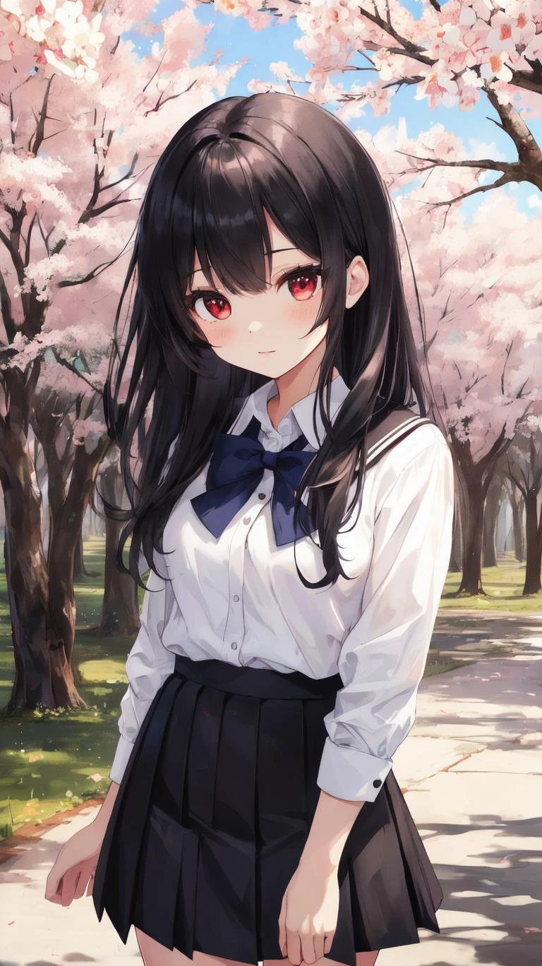 ,(masterpiece),(highres),(high quality),(beautiful illustration),
,(cute girl:1.2),(solo),(skinny),(petite),
,(black hair:1.3),(red eyes),(long hair:1.2),
,(school uniform),(white shirt),(black skirt),
,(forest),(tree),(sakura),
,(looking at viewer),