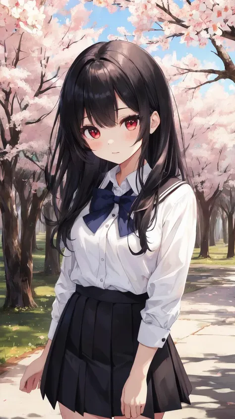 ,(masterpiece),(highres),(high quality),(beautiful illustration),
,(cute girl:1.2),(solo),(skinny),(petite),
,(black hair:1.3),(red eyes),(long hair:1.2),
,(school uniform),(white shirt),(black skirt),
,(forest),(tree),(sakura),
,(looking at viewer),