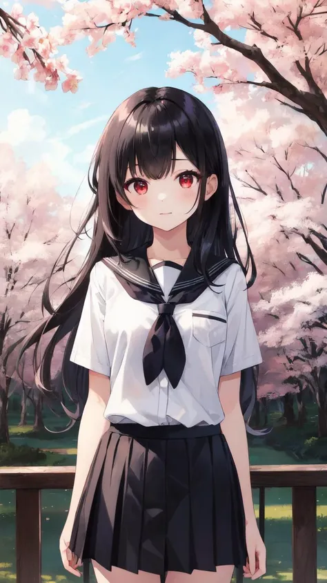 ,(masterpiece),(highres),(high quality),(beautiful illustration),
,(cute girl:1.2),(solo),(skinny),(petite),
,(black hair:1.3),(red eyes),(long hair:1.2),
,(school uniform),(white shirt),(black skirt),
,(forest),(tree),(sakura),
,(looking at viewer),