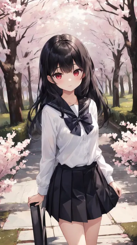 ,(masterpiece),(highres),(high quality),(beautiful illustration),
,(cute girl:1.2),(solo),(skinny),(petite),
,(black hair:1.3),(red eyes),(long hair:1.2),
,(school uniform),(white shirt),(black skirt),
,(forest),(tree),(sakura),
,(looking at viewer),