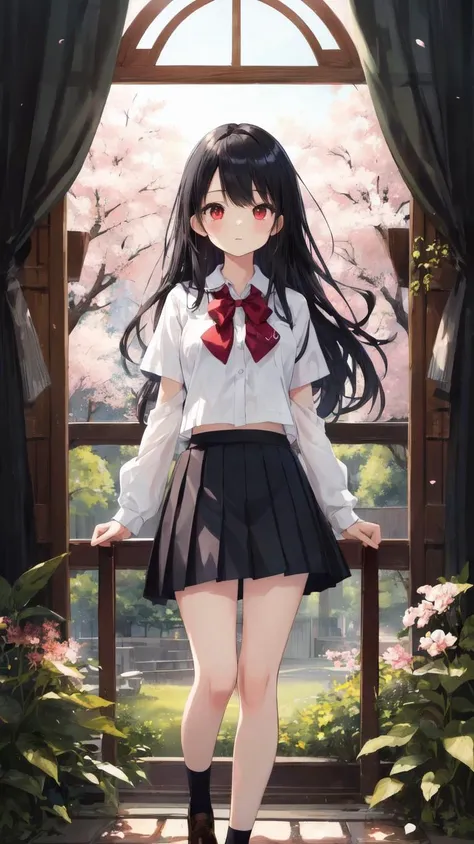 ,(masterpiece),(highres),(high quality),(beautiful illustration),
,(cute girl:1.2),(solo),(skinny),(petite),
,(black hair:1.3),(red eyes),(long hair:1.2),
,(school uniform),(white shirt),(black skirt),
,(forest),(tree),(sakura),
,(looking at viewer),