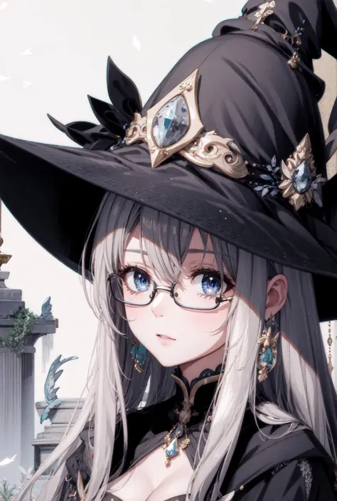 ( masterpiece,best quality, highres , extremely detailed wallpaper:1.4) , watercolor ,1 beautiful woman , highly detailed beautiful face and eyes ,1girl, (anime:1.3), beautiful detailed deep eyes , ruins , Fantastic , huge witch hat, wearing earrings , magic , magical witch, fantasy, (an extremely delicate and beautiful:1.05), original, wearing glasses,