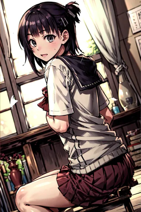 best quality, masterpiece, <lora:aikawaKizuna-000100:1>, aikawa kizuna, solo, serafuku, looking at viewer, skirt, eye focus