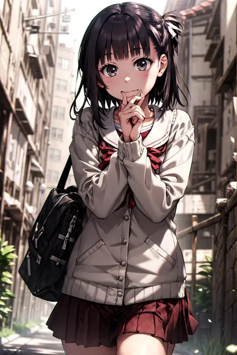 best quality, masterpiece, <lora:aikawaKizuna-000100:1>, aikawa kizuna, solo, serafuku, looking at viewer, skirt, eye focus