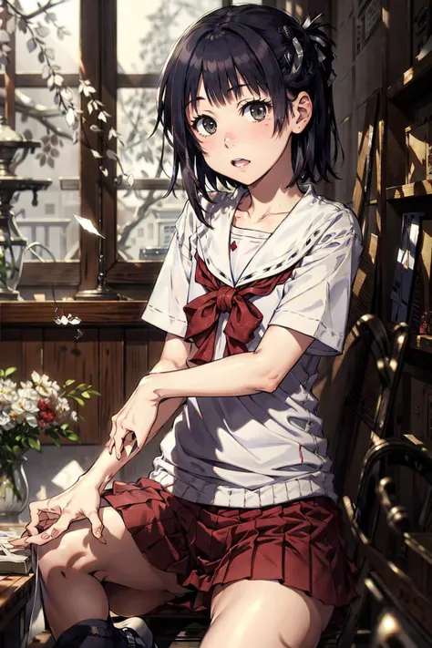 best quality, masterpiece, <lora:aikawaKizuna-000100:1>, aikawa kizuna, solo, serafuku, looking at viewer, skirt, eye focus