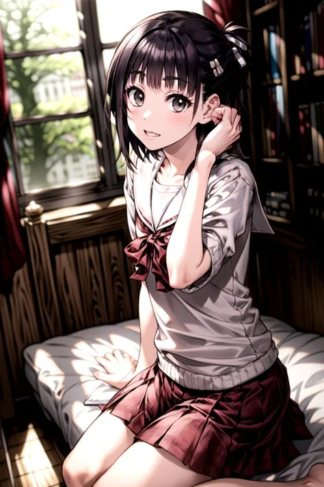 best quality, masterpiece, <lora:aikawaKizuna-000100:1>, aikawa kizuna, solo, serafuku, looking at viewer, skirt, eye focus