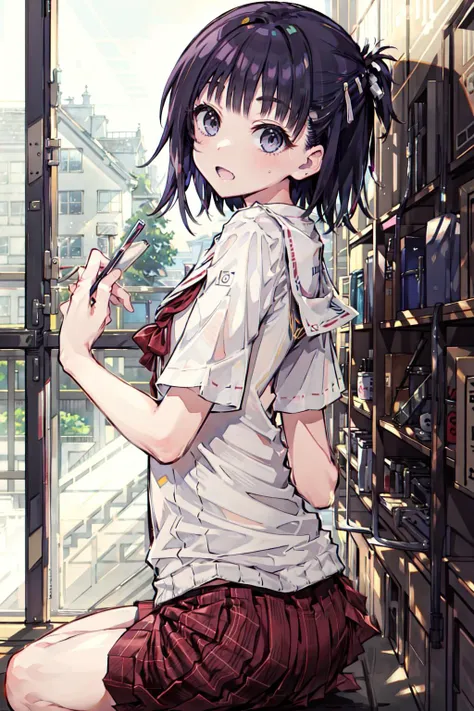 best quality, masterpiece, <lora:aikawaKizuna-000100:1>, aikawa kizuna, solo, serafuku, looking at viewer, skirt, eye focus