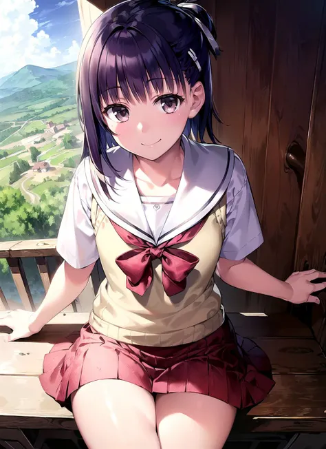 (masterpiece), (best quality), (ultra-detailed), photorealistic, (best illustration), (an extremely delicate and beautiful), detailed scenery, blue sky, white cloud, shade, aikawa kizuna, solo, looking at viewer, skirt, sweater vest, smile, blush, nose blush, (skirt lift:0.8), (from above) <lora:aikawaKizuna:1:OUTD>, buruma, thighs, standing, white sailor collar, hairclip, red ribbon, finely detailed iris, brown eyes