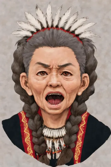 close-up photo portrait of a 100 yo old native american woman, grey hair, brown eyes, screaming face expression, twin braids, warbonnet, feathers, tribal, simple background