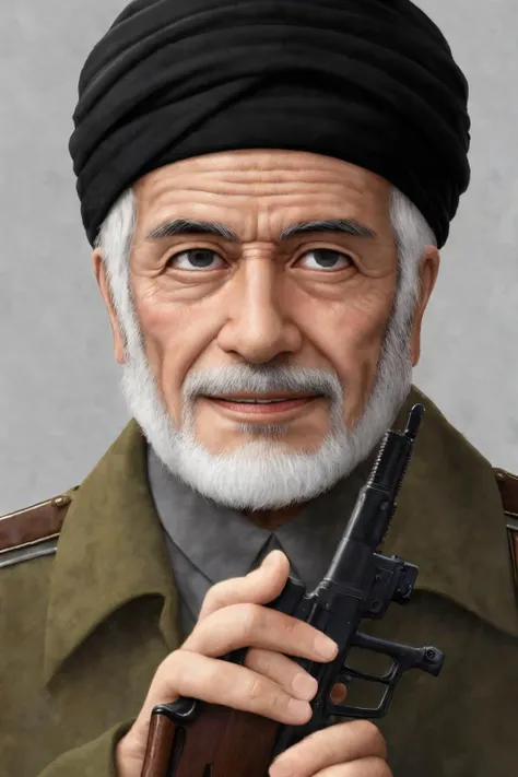 close-up photo portrait of a 80 yo aged Arab man, short grey hair, beard, black eyes, joyful face expression, turban, holding ak-47, military, simple background