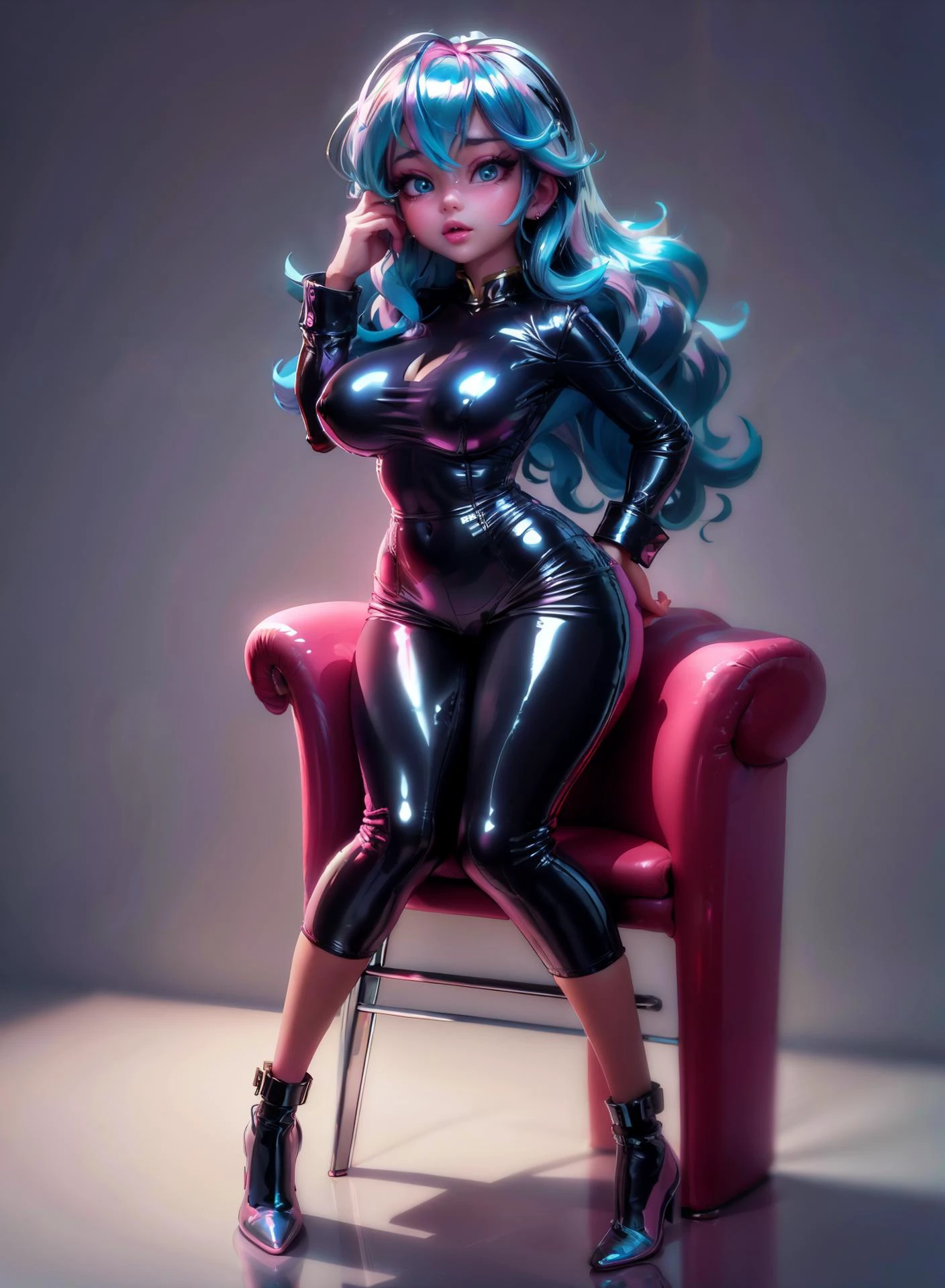 (masterpiece, best quality) analogue photo of petite curvy short young woman, 21, (( full body)) head rest , side pose wearing (holographic:0.9) (chrome:1.1) Cropped pants , kinky latex bondage, Wearing a Tailored Blouse , medium breasts (thick ass:0.7), revealing clothes, beautiful face with large head big hairdo, epic stylized background Beijing, China , 1980s epic flowing shiny purple and pink hair, fashion photography, well lit face, (UHD, HDR, highres, ultra detailed) <lora:EnvyThiccMix01:0.7> <lora:EnvySuperMix01:0.7> <lora:EnvyBeautyMix02:0.8> <lora:LatexAIV2:0.7>