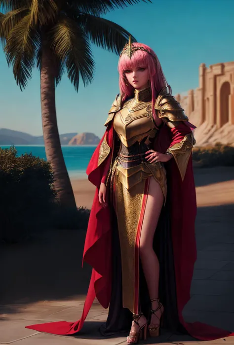 Ultra-realistic 8k CG, masterpiece, best quality, 1girl, 20 years old, woman, (detailed face), colorful, (full body, wide shot), <lora:more_details:0.8> <lora:Caftan_Couture:0.8> paladin_glam, caftan,( armor, High platform heels),standing on stone tiles, desert with multiple palm trees in the background,
