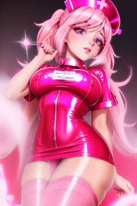 (bimbo hypnosis \(theme\):1), professional detailed (full length) photo of (latex nurse woman) being (brainwashed by pink smoke), (pink shiny glossy translucent clothing:1.1), (pink gleaming oily latex fabric), (bimbo nurse uniform with pencil skirt and nurse cap:1), (covered hard nipples), (Brainwashing), (Mind Control), (brainwashing pink smoke), (gleaming got pink lips)