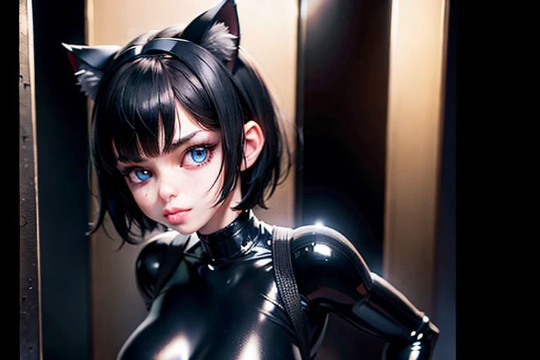 an adorable girl girl, Asian girl, Features Requintadasfaciais, olhos encantadores, pele clara, sorriso feliz, head gear,detailed facial features，exquisite facial features， catsuit, Interior, 3D animation, (animation) Characteristics, K HD |, 4 mil'', a melhor qualidade