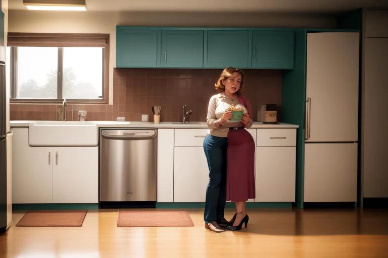 a woman crying over her oatmeal, a 1950s style kitchen with art deco plastic fixtures and brightly colored furniture, natural light, professional photograph, full body, best quality