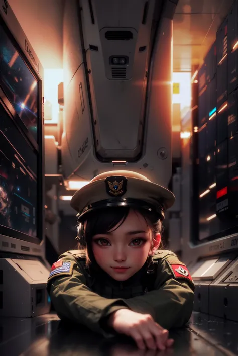 masterpiece, high quality, dark, dynamic lighting,
BREAK space ship,
BREAK military woman, extremely detailed military clothes, lying on floor against container, slight smile, open jacket,