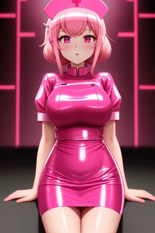 (bimbo hypnosis \(theme\):1), professional detailed (full length) photo of (latex nurse woman) being (brainwashed by Mind control nurse cap), (pink shiny glossy translucent clothing:1.1), (pink gleaming oily latex fabric), (bimbo nurse uniform with pencil skirt:1), (Glowing Pink Eyes), (Brainwashing), (Mind Control), (Mind control device),