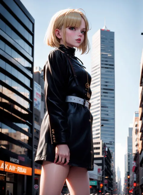 Street style photo of a grunge style woman in the streets of 1990 Manhattan standing in front of a sliver high rise building, blonde, 90s bob, Carly Norris, Sliver movie, natural lighting, shot on Agfa Vista 200